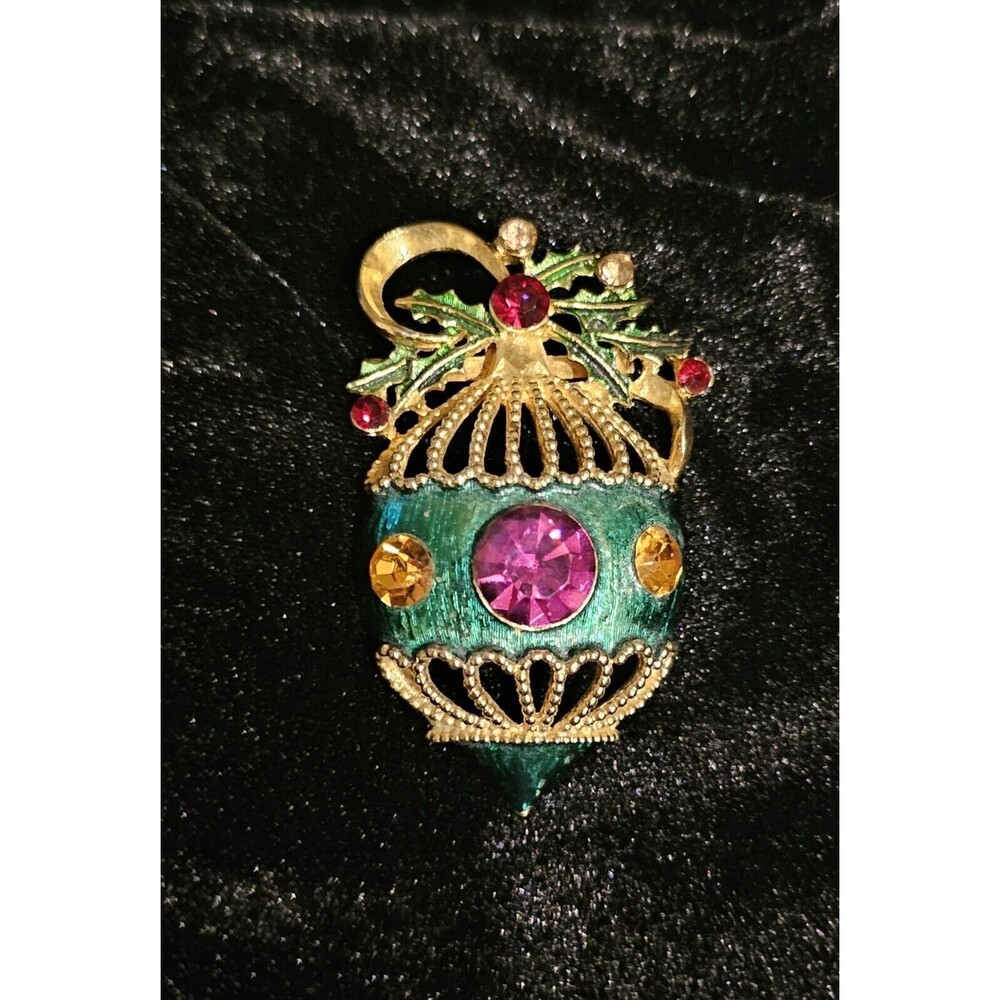 MCM Gold Tone Rhinestone Christmas Ball Bulb Holly Ornament Brooch 2.2"